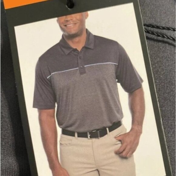 NEW Pebble Beach Men's L Dry-Luxe Performance Polo Shirt Black & Gray Striped - Picture 1 of 7